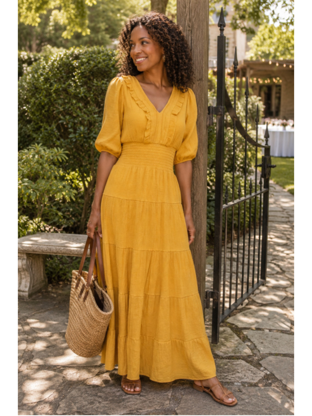 J Gee Yellow Smocked Tiered Maxi Dress Ruffle Neck Petite Small Boho Prairie